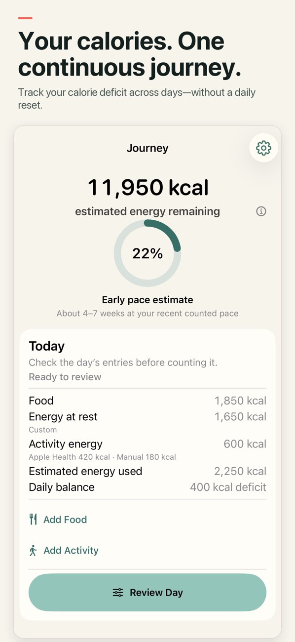 Calorie Arc: Energy Balance — Overall progress and a daily calorie balance based on food and activity.
