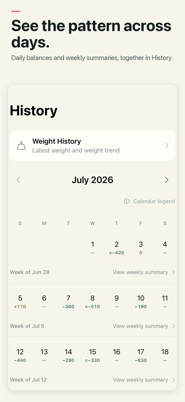 Calorie Arc: Energy Balance — A calendar of daily calorie balances with links to weekly summaries.