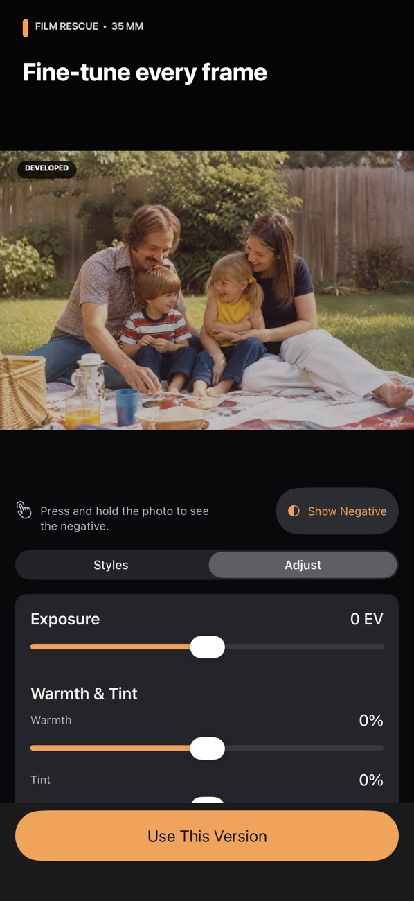 Photo Negative Scanner — Controls for exposure, warmth and tint.