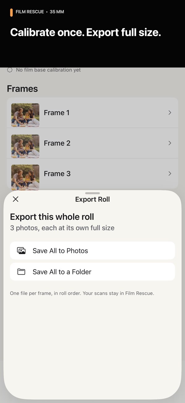 Photo Negative Scanner — The frame list and options to save the whole roll to Photos or a folder.