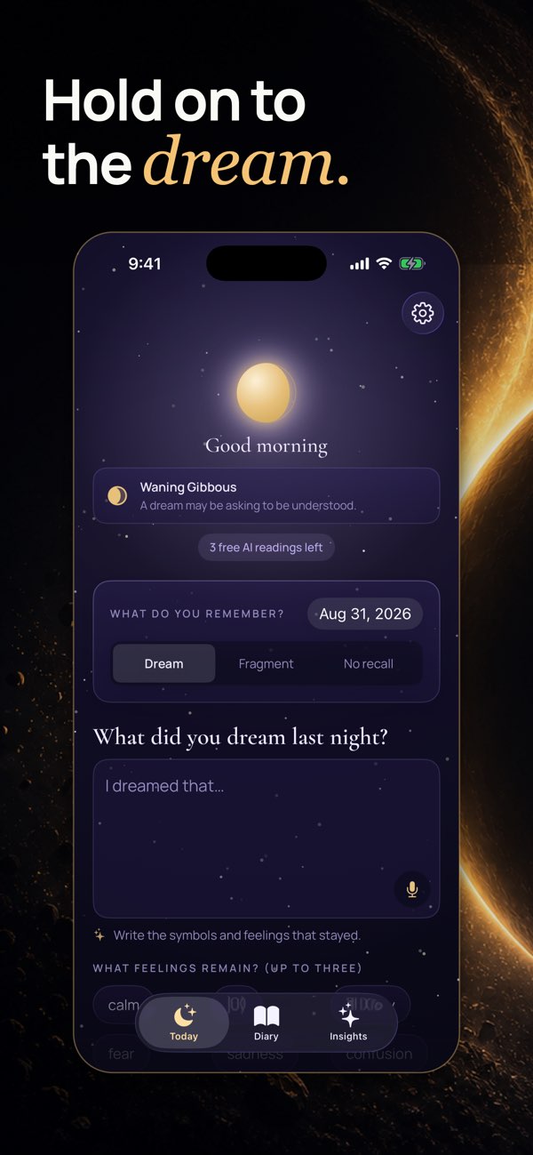 Lunar: AI Dream Interpreter — A dream entry with space for the story, mood and memorable details.