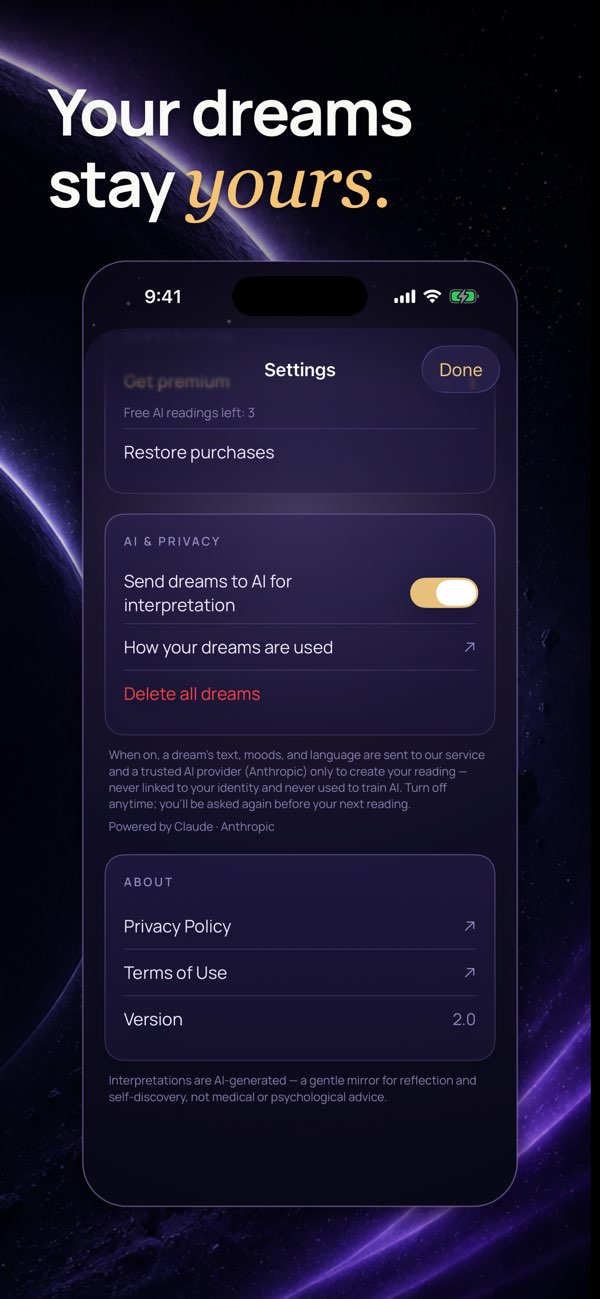 Lunar: AI Dream Interpreter — Settings for AI interpretation and deleting dream entries.