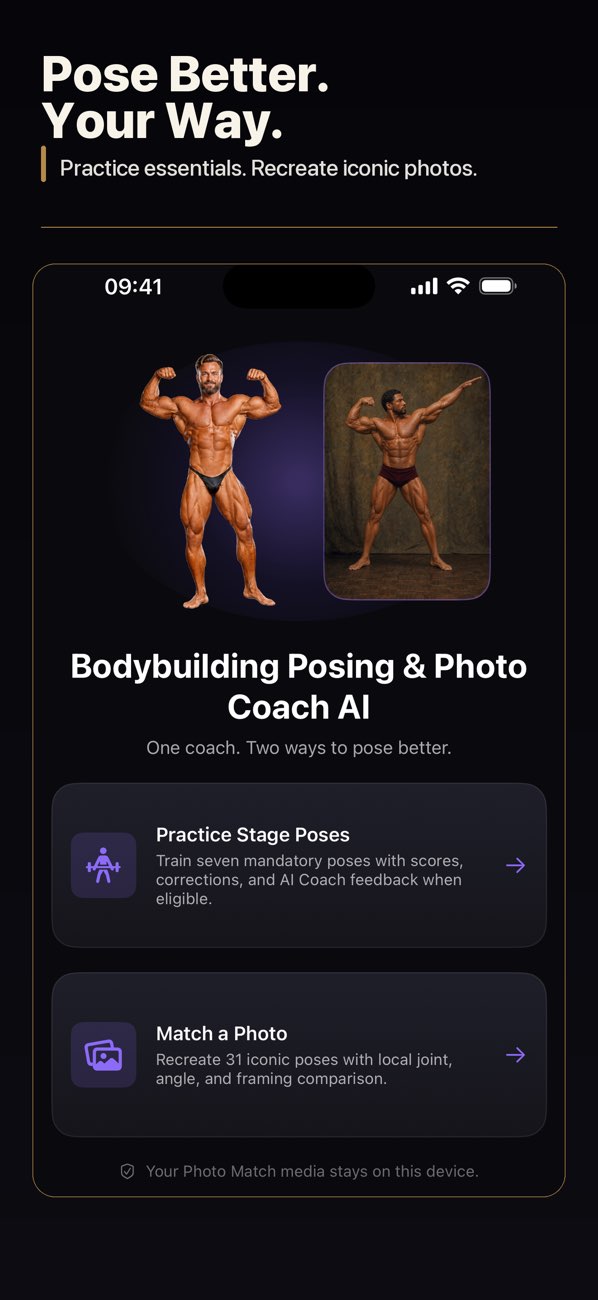 Bodybuilding Posing & Photo — Two modes: stage pose practice and comparison with a reference photo.