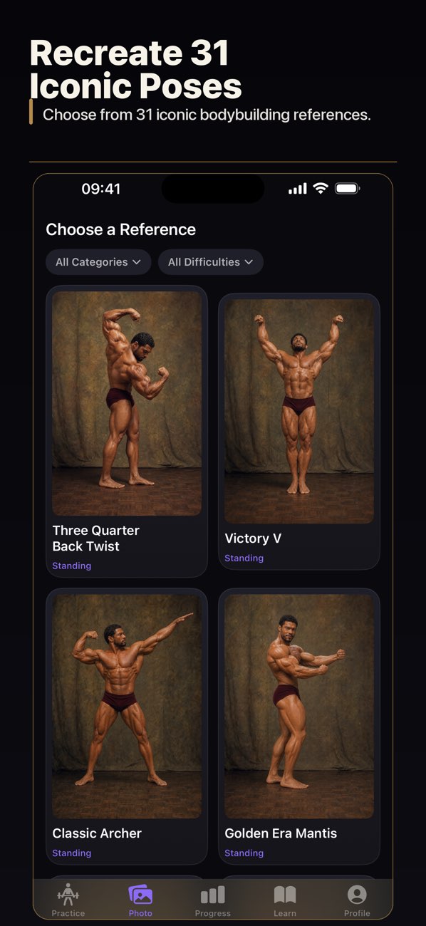 Bodybuilding Posing & Photo — A pose catalogue with reference photos and filters for category and difficulty.