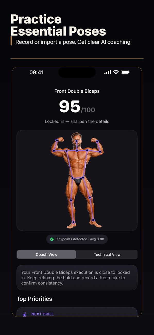 Bodybuilding Posing & Photo — A front double biceps analysis with a score and coaching feedback.