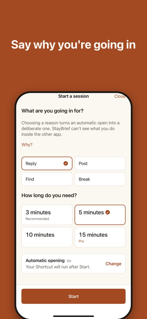 App Blocker: StayBrief — Starting a session by choosing a purpose and a time limit.