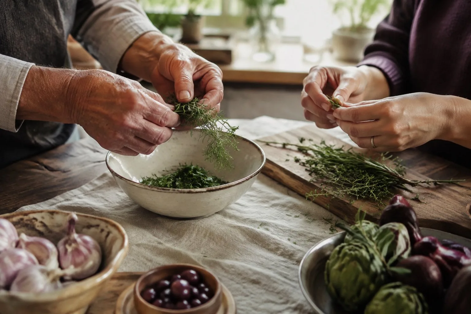 Two people preparing food together at a kitchen table at home