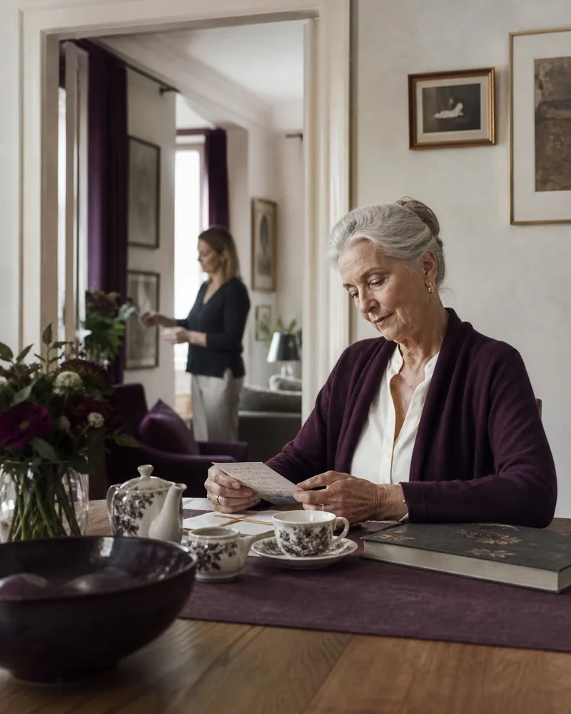 A woman reads a note at her tea table while another person is nearby