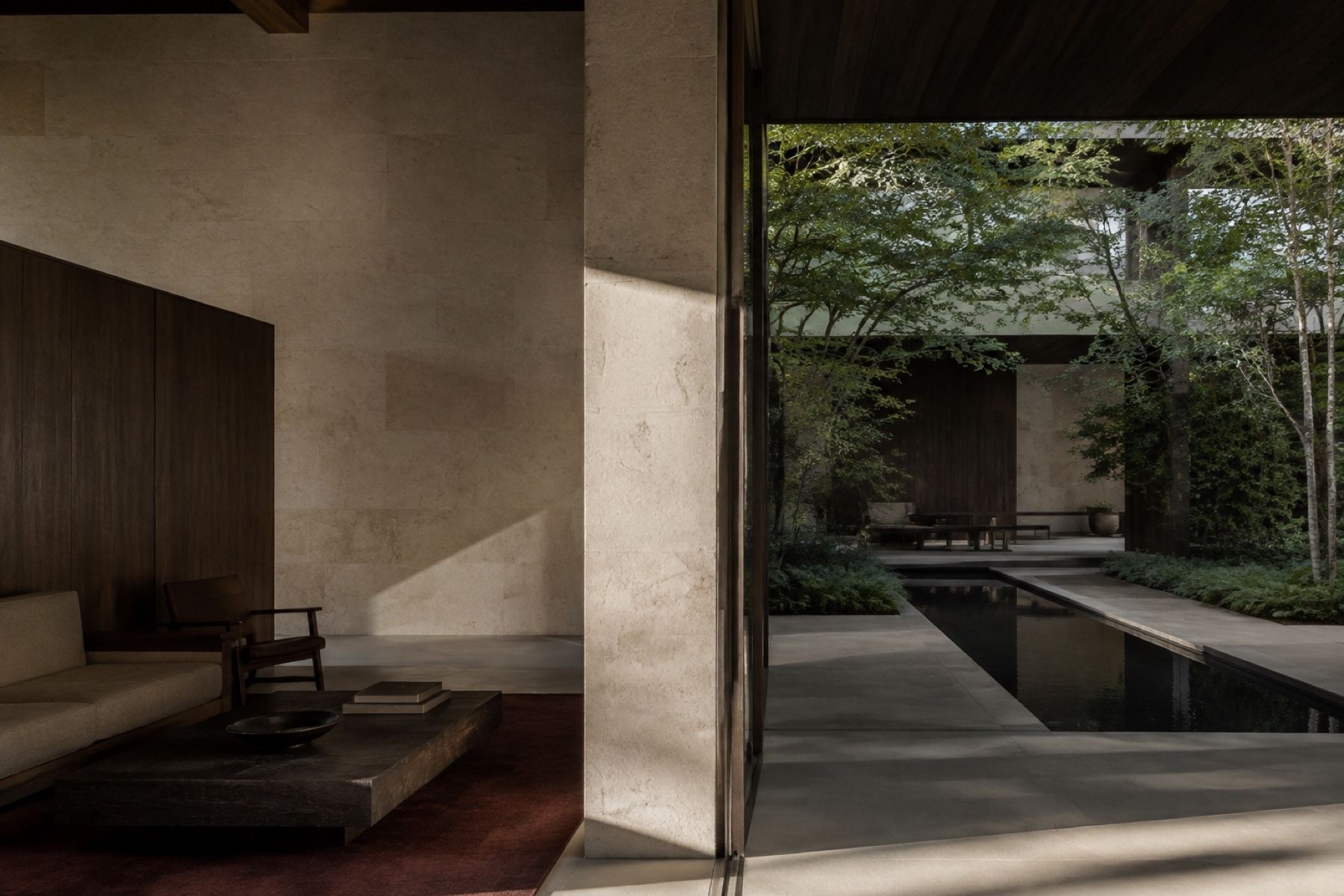 A light interior with a broad passage opening onto a courtyard